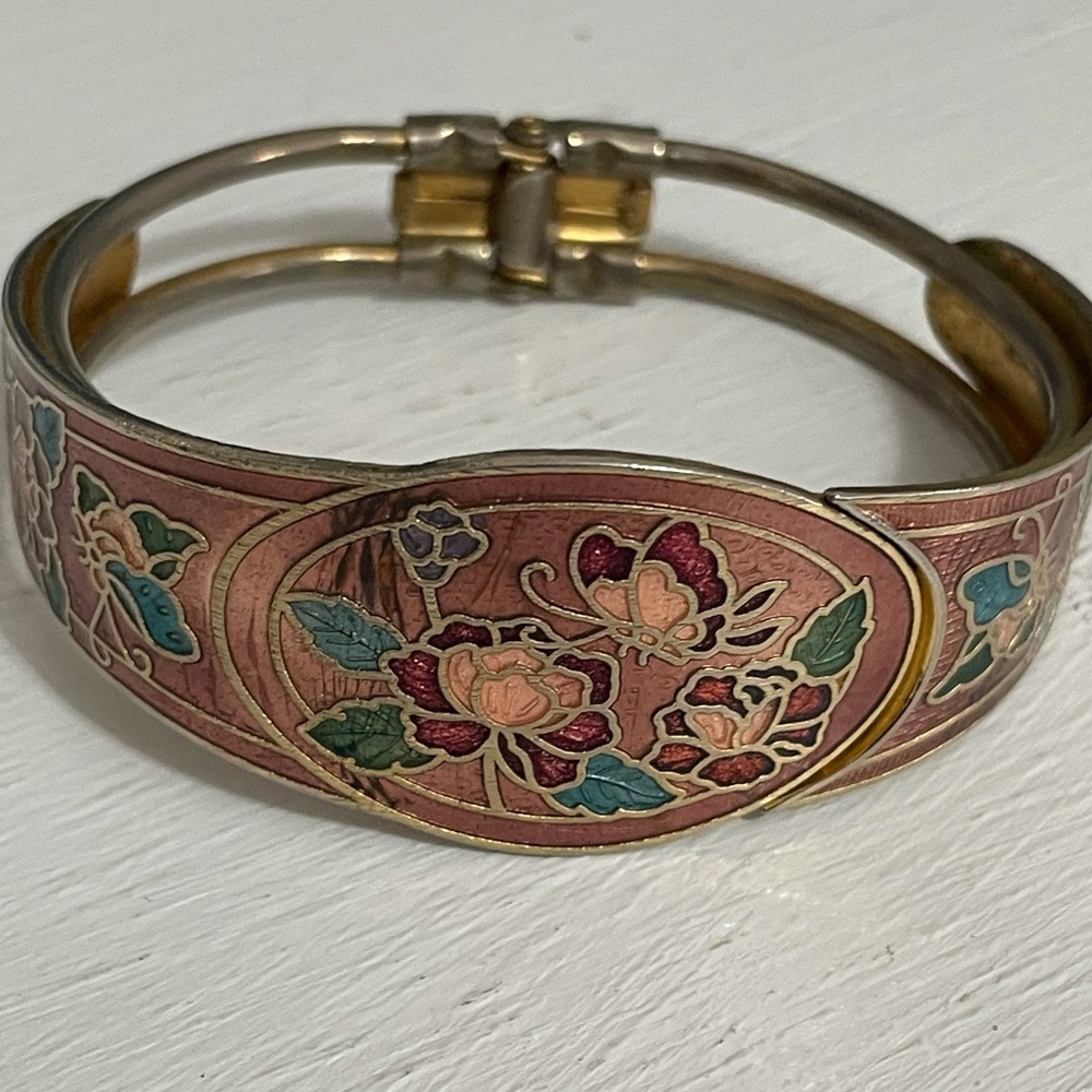 Vintage Cloisonné Floral Enamel Hinged Bangle Bracelet – Boho Statement - Picture 2 of 8
